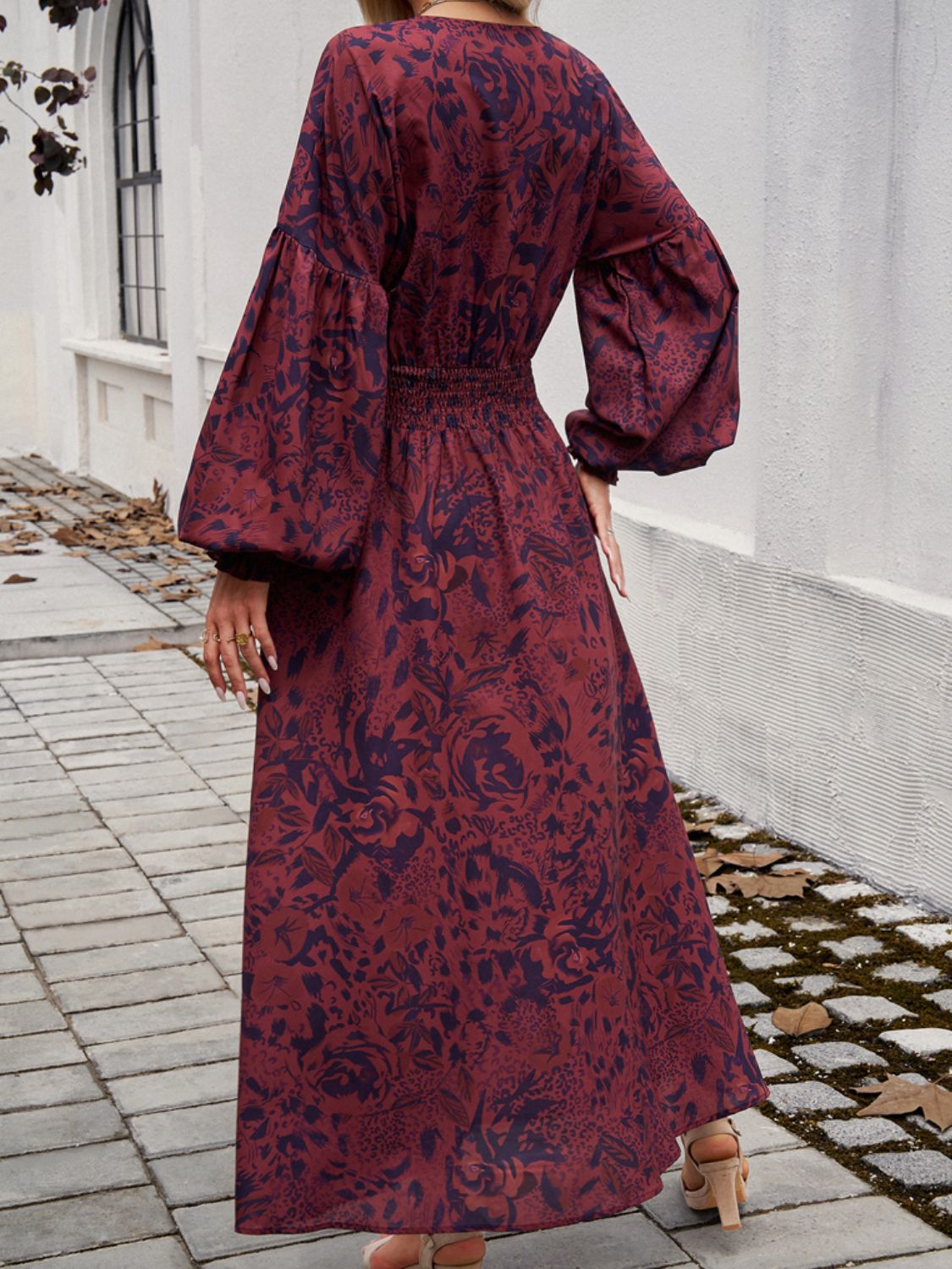 Printed Surplice Long Sleeve Midi Dress
