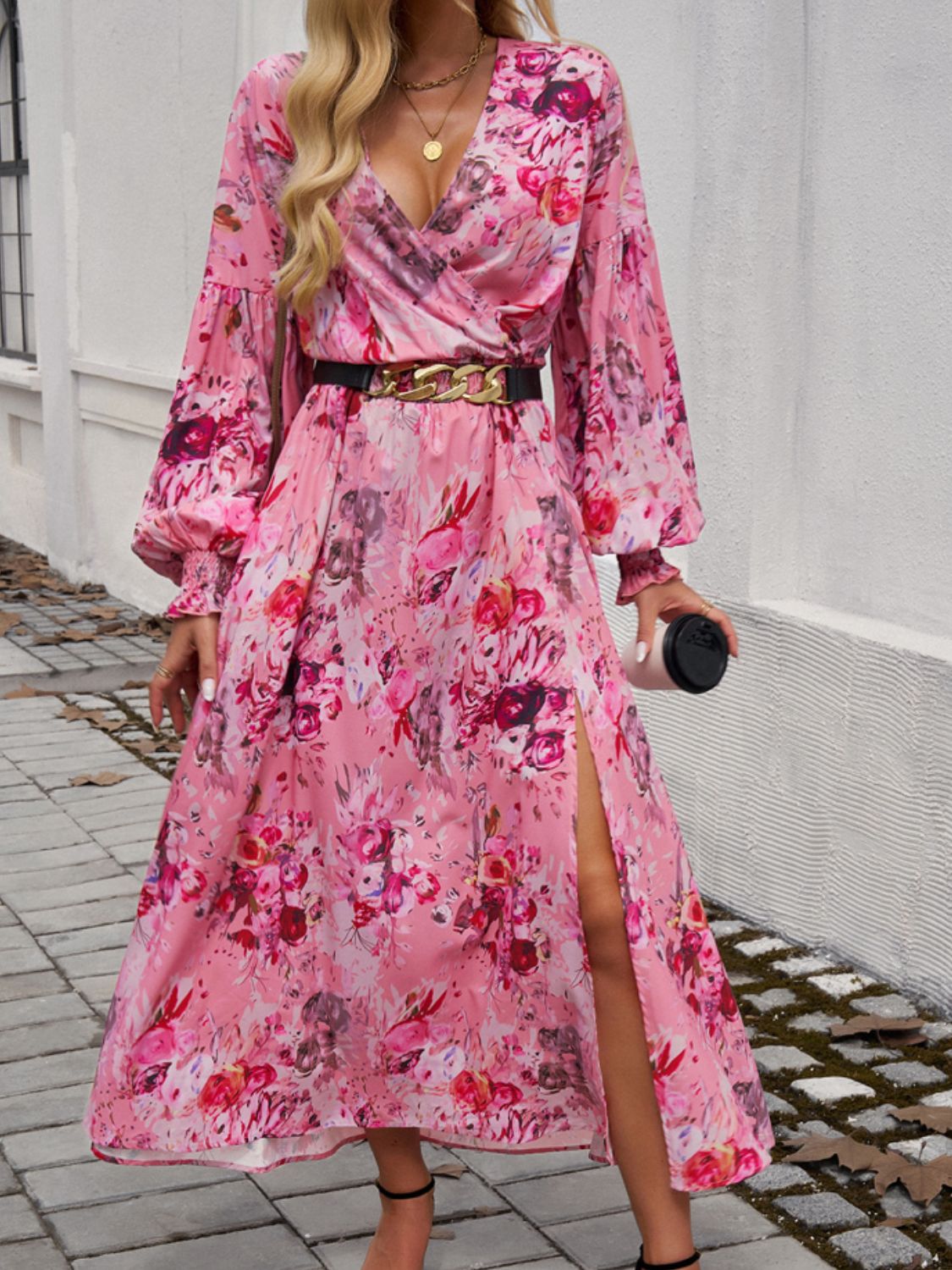 Printed Surplice Long Sleeve Midi Dress