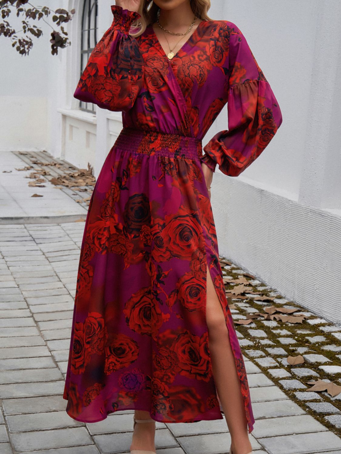 Printed Surplice Long Sleeve Midi Dress