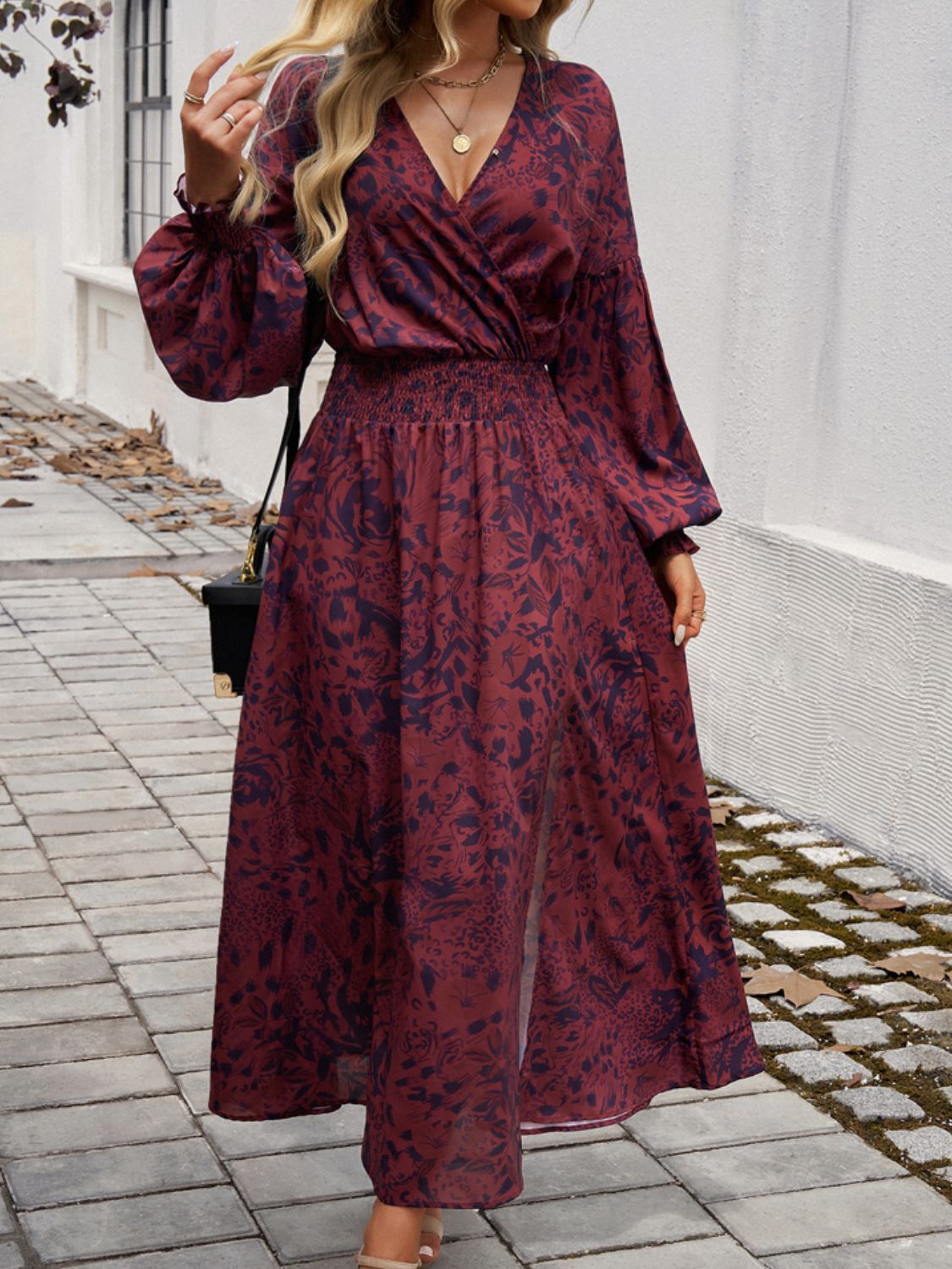 Printed Surplice Long Sleeve Midi Dress