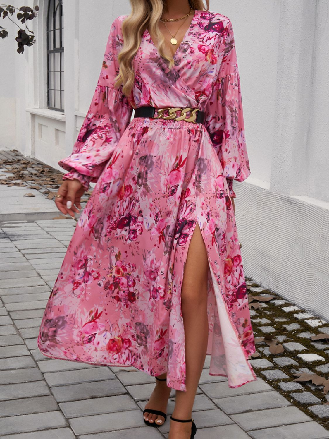 Printed Surplice Long Sleeve Midi Dress