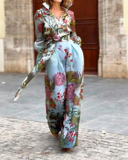 Spring Floral Print Women's Two Pieces Set Long Sleeve Shirts & High Waist Long Skirt Suits Female Chic Elegant Skirts Set
