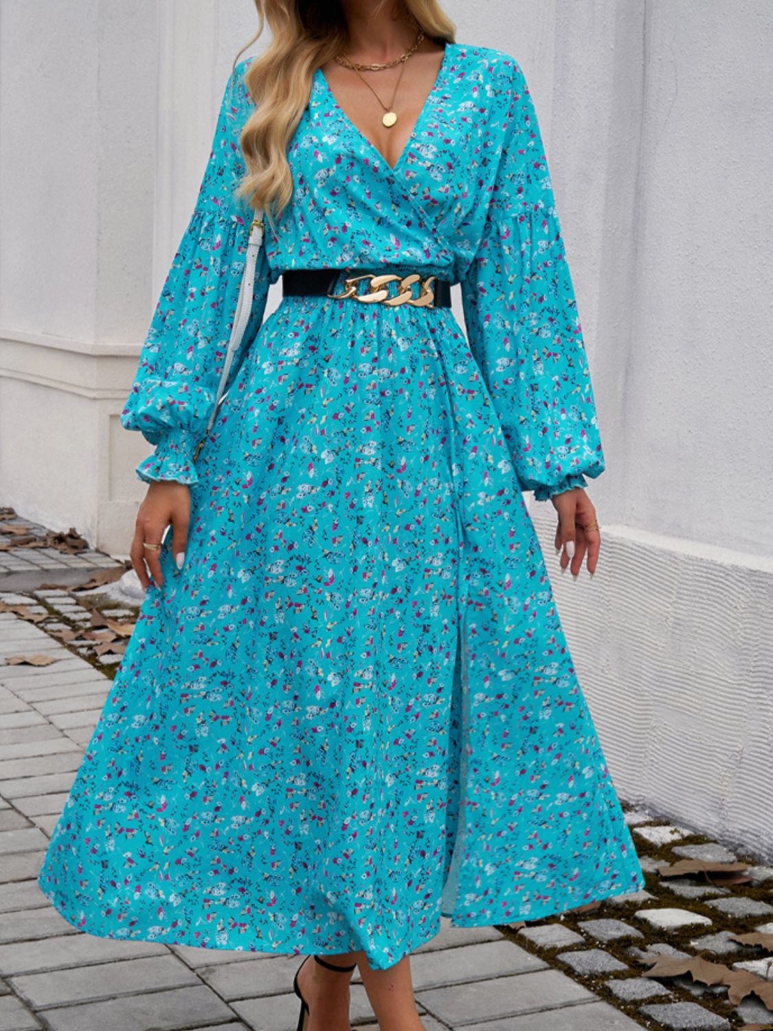 Printed Surplice Long Sleeve Midi Dress