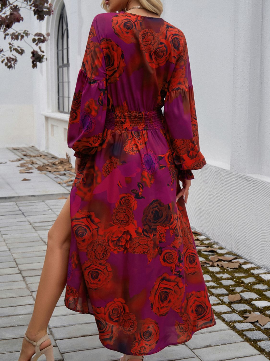 Printed Surplice Long Sleeve Midi Dress