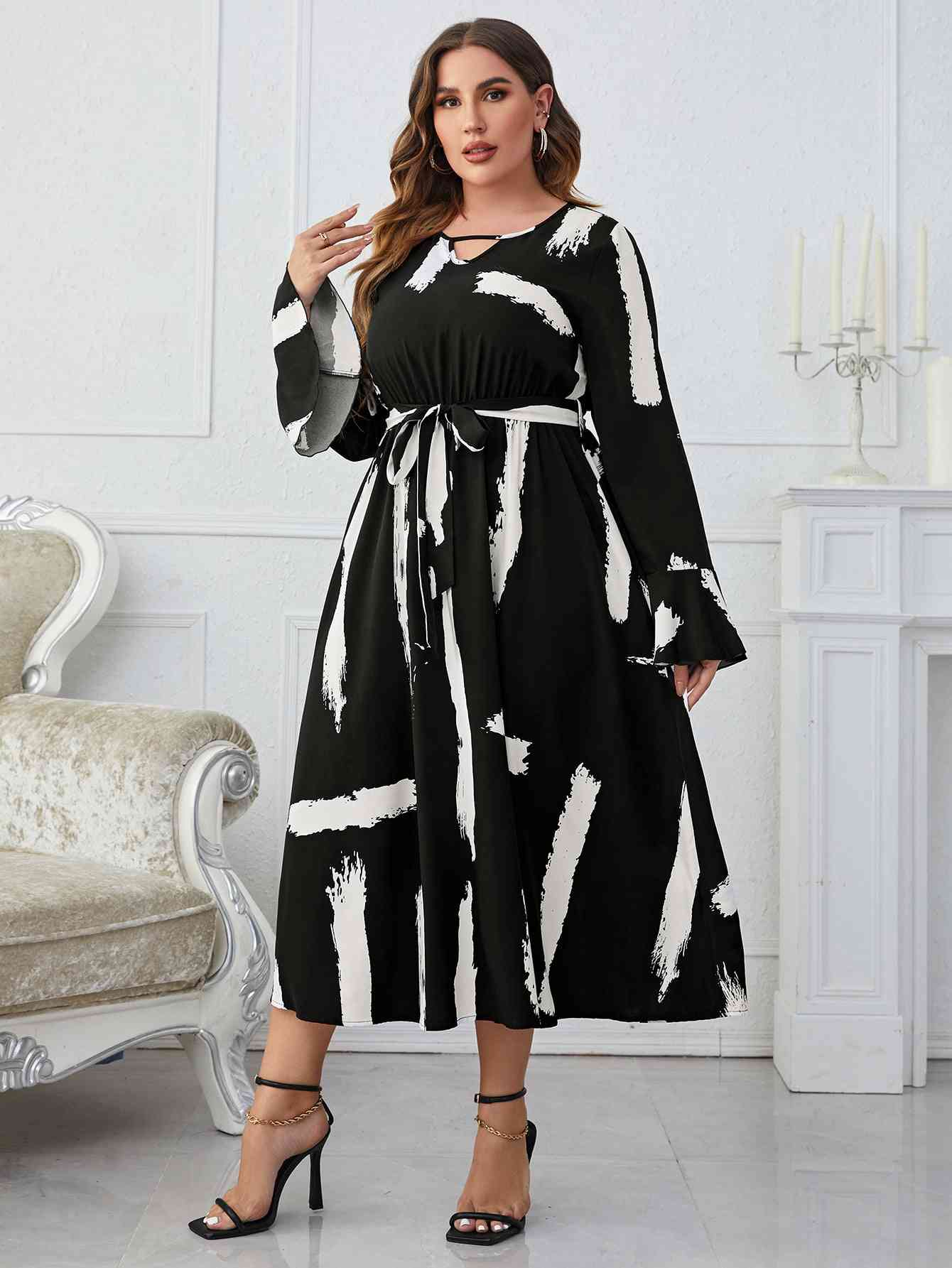 Printed Tie Belt Flare Sleeve Round Neck Midi Dress
