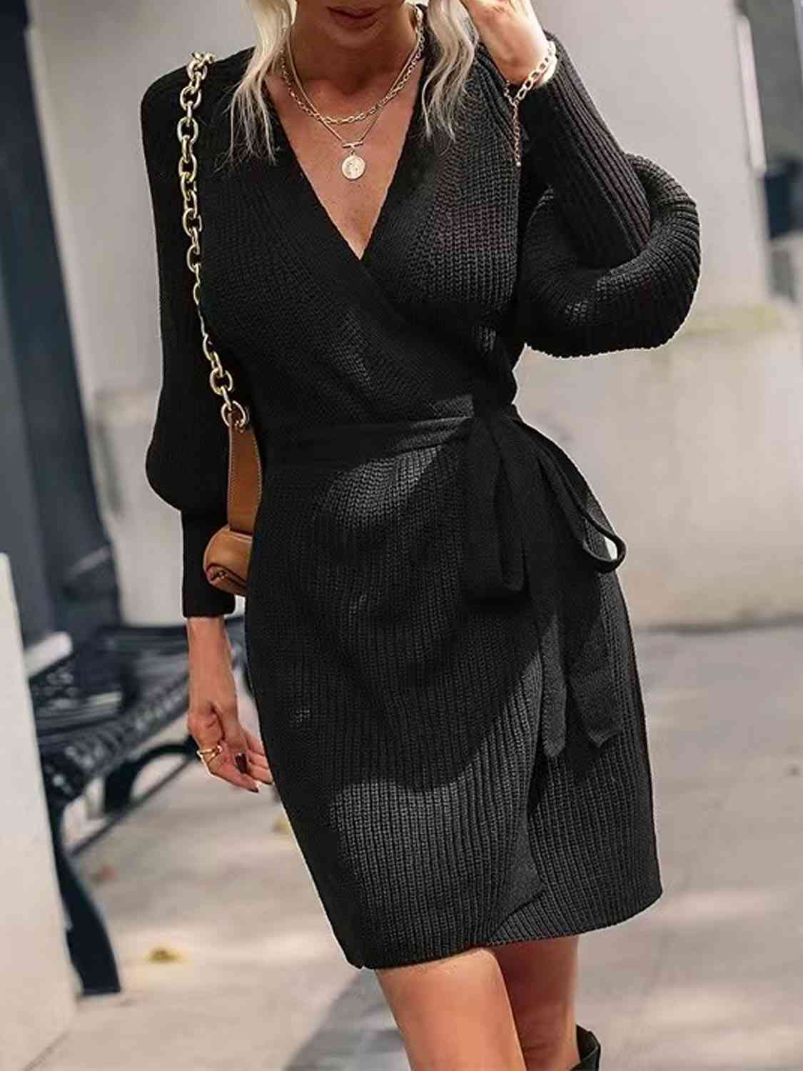 Open Front Lantern Sleeve Tied Cardigan Dress