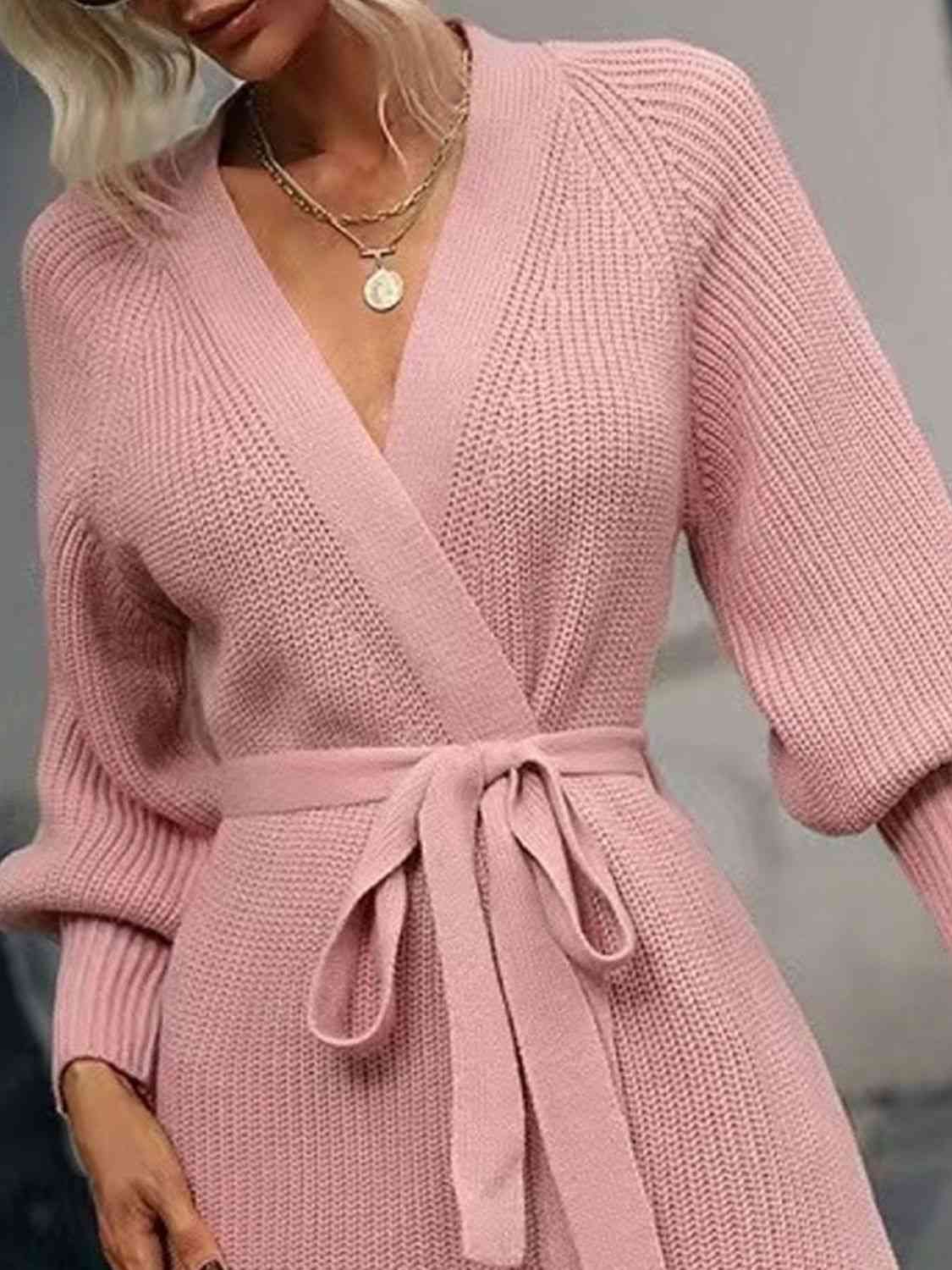 Open Front Lantern Sleeve Tied Cardigan Dress
