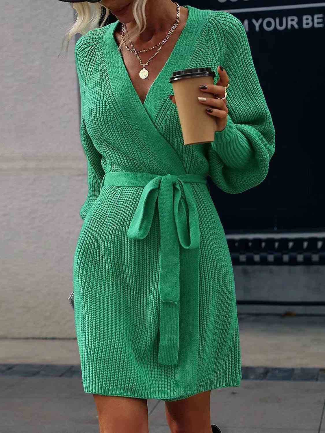 Open Front Lantern Sleeve Tied Cardigan Dress
