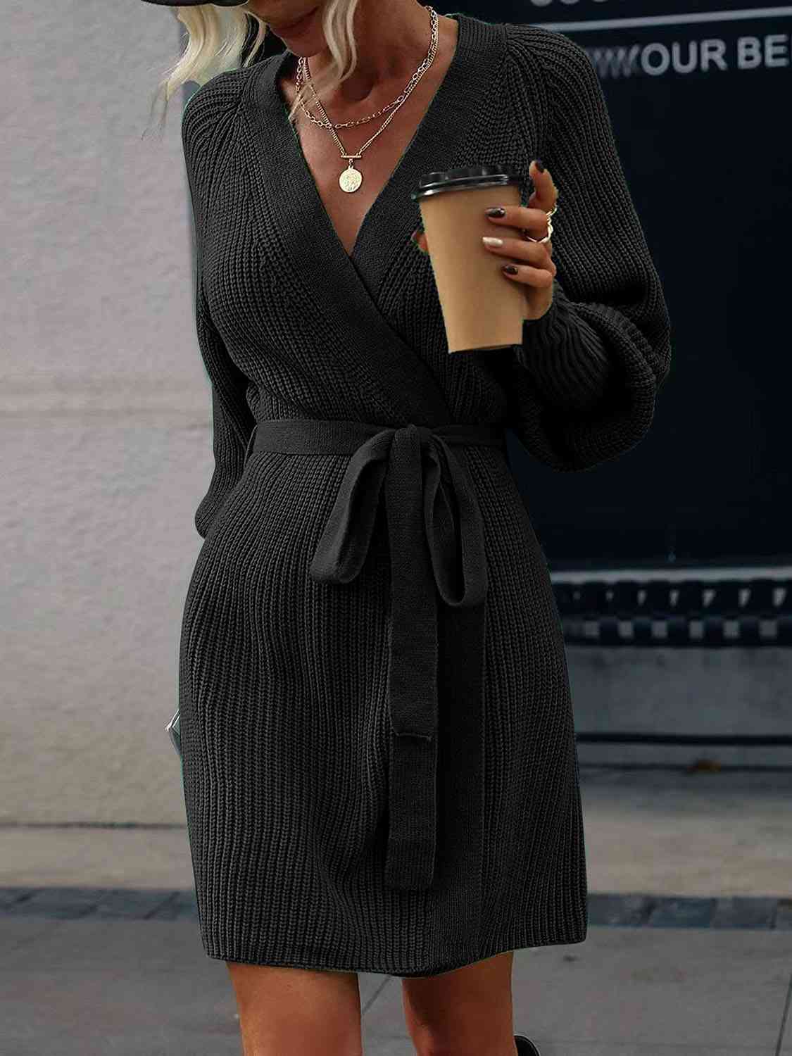 Open Front Lantern Sleeve Tied Cardigan Dress