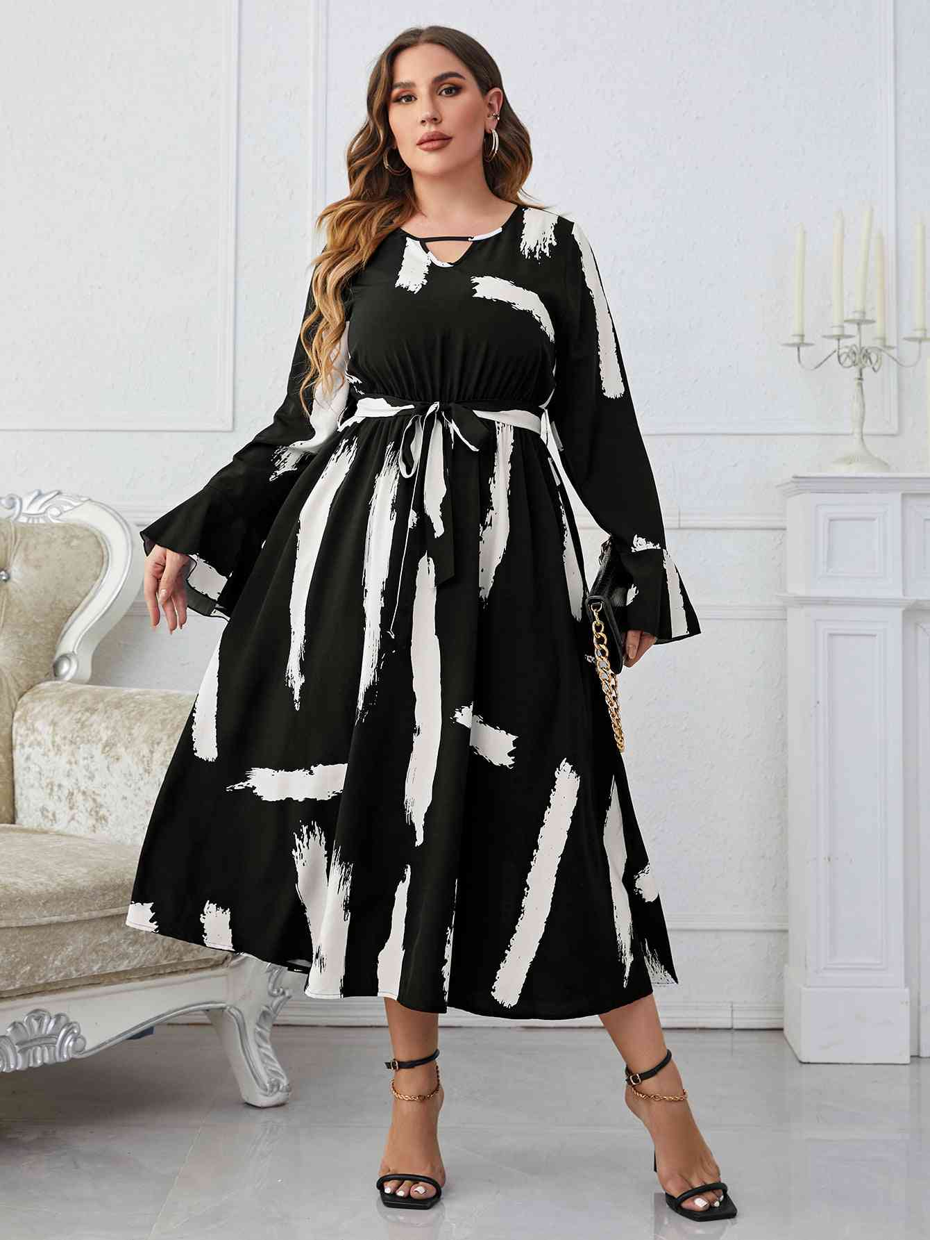 Printed Tie Belt Flare Sleeve Round Neck Midi Dress