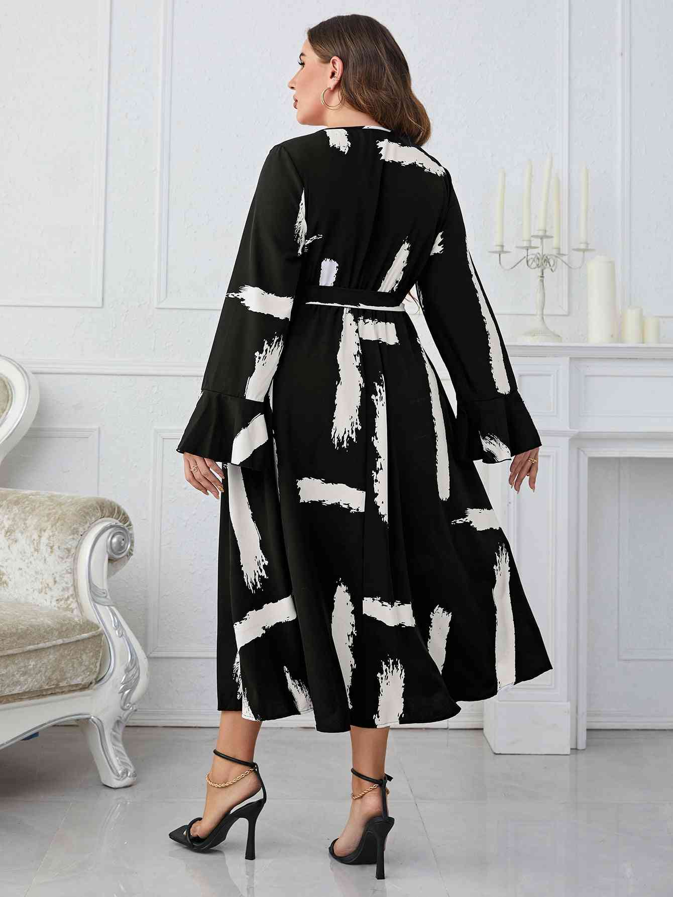 Printed Tie Belt Flare Sleeve Round Neck Midi Dress