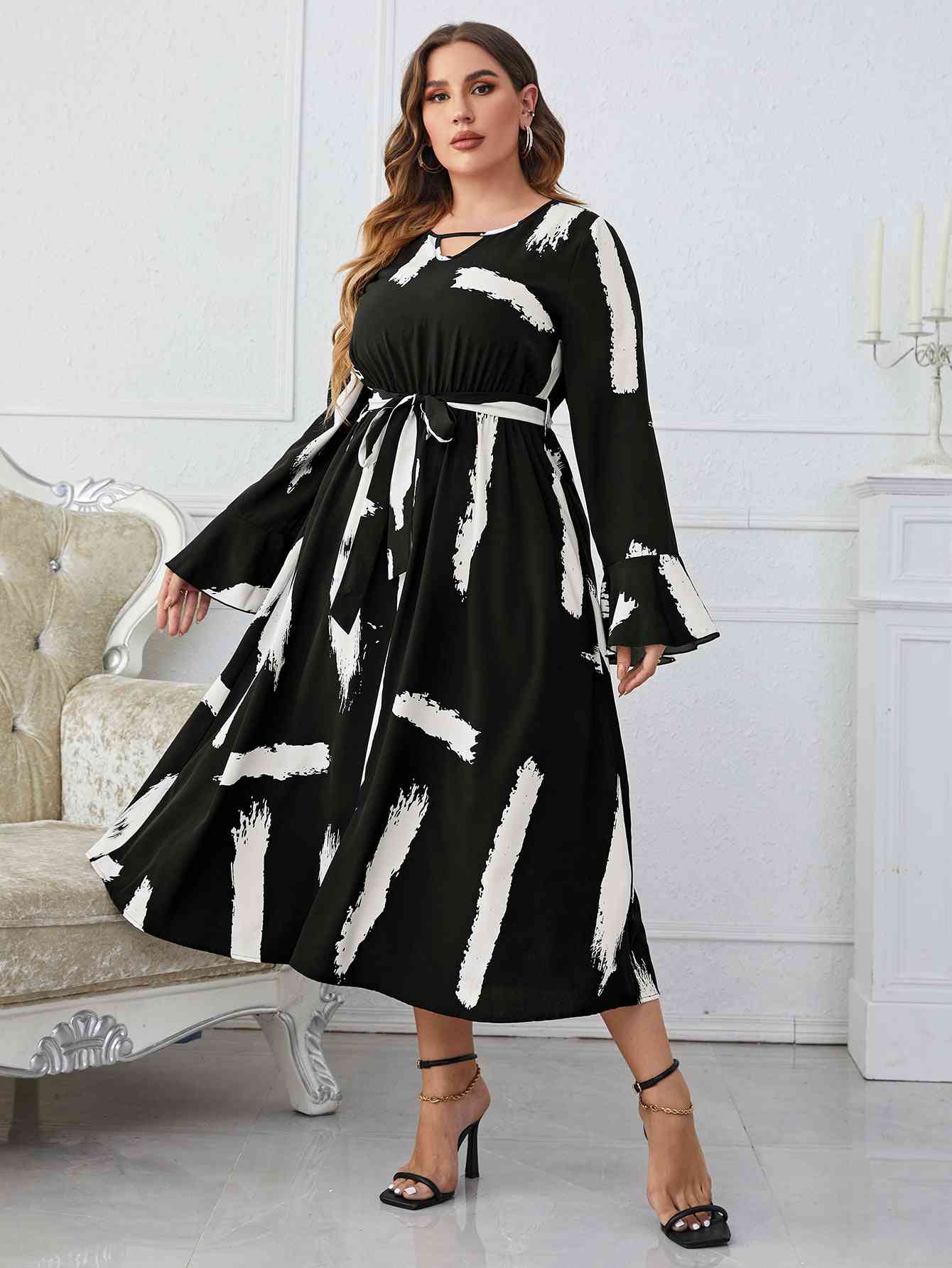 Printed Tie Belt Flare Sleeve Round Neck Midi Dress
