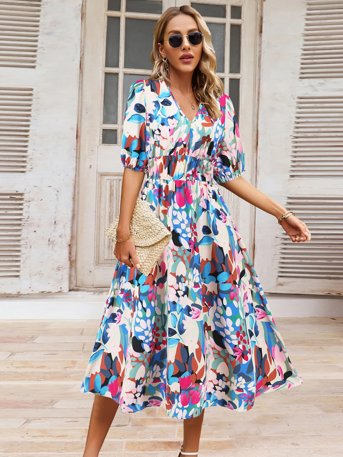 Ruched Printed Surplice Short Sleeve Dress