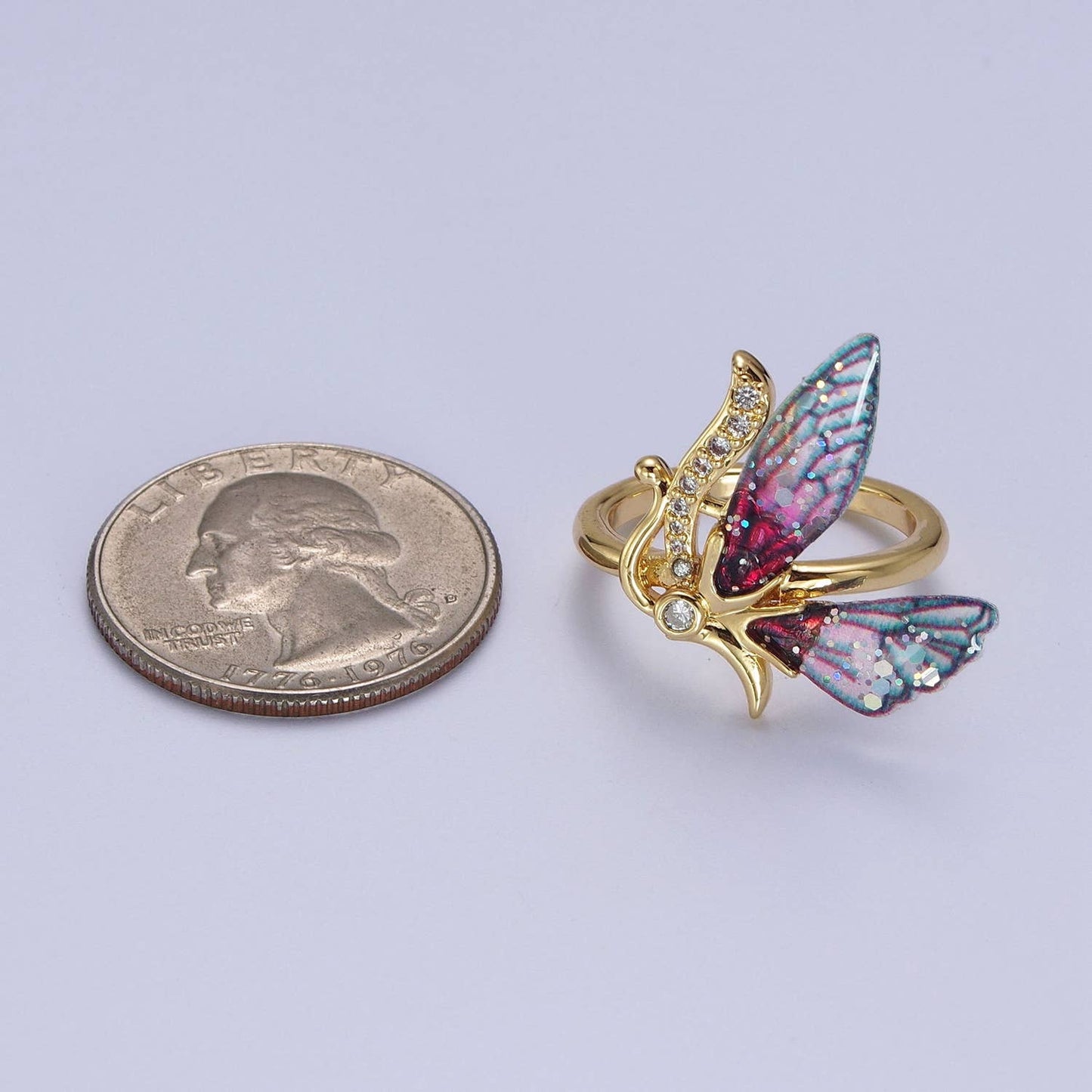 Elegant Micro Pave Fuchsia/Blue Antenna Butterfly Gold Ring