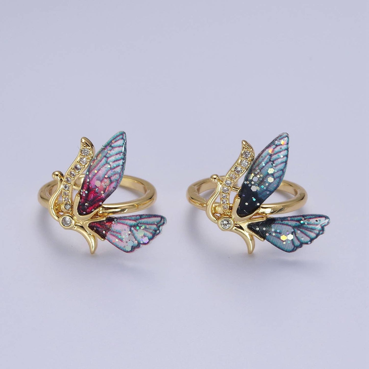 Elegant Micro Pave Fuchsia/Blue Antenna Butterfly Gold Ring