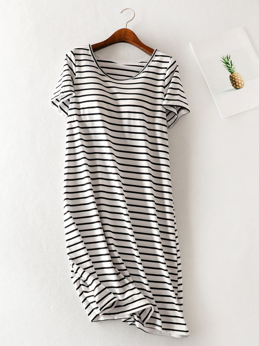 Striped Round Neck Short Sleeve Dress