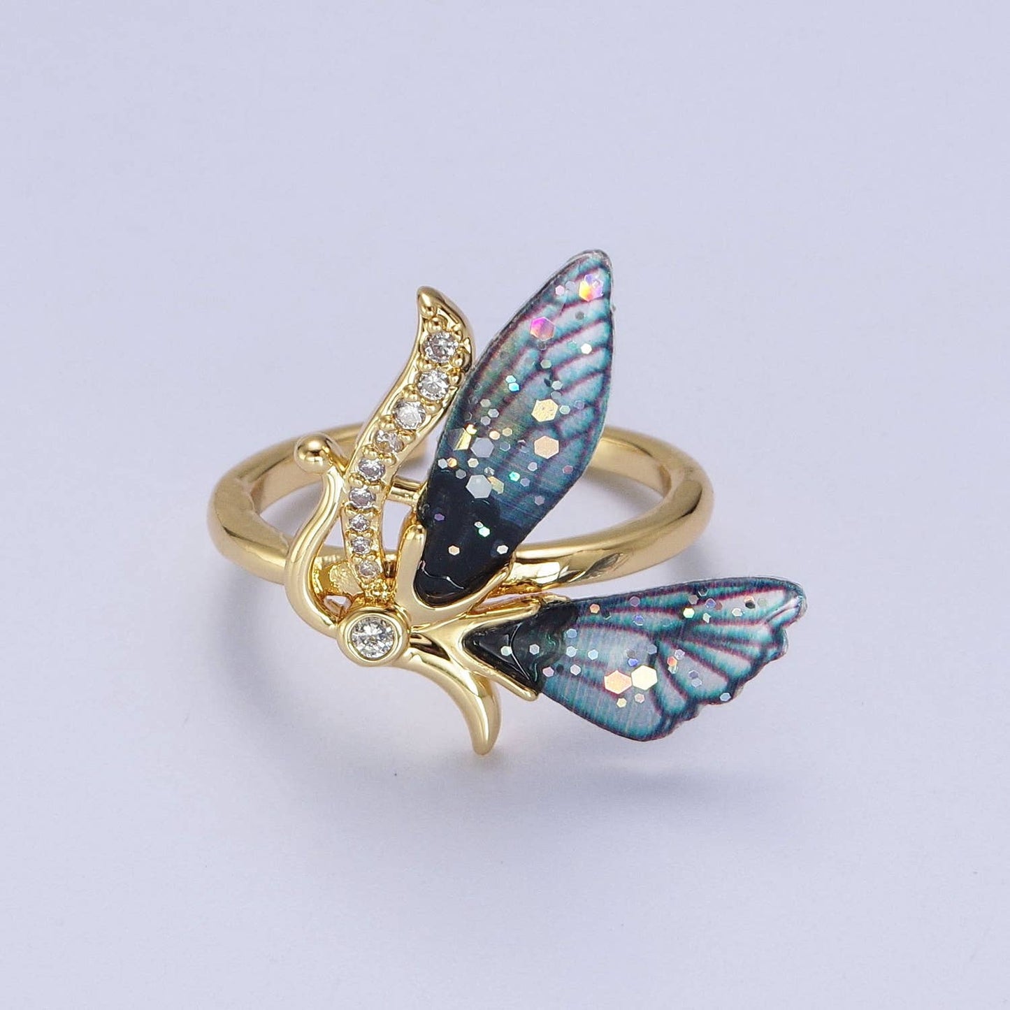 Elegant Micro Pave Fuchsia/Blue Antenna Butterfly Gold Ring