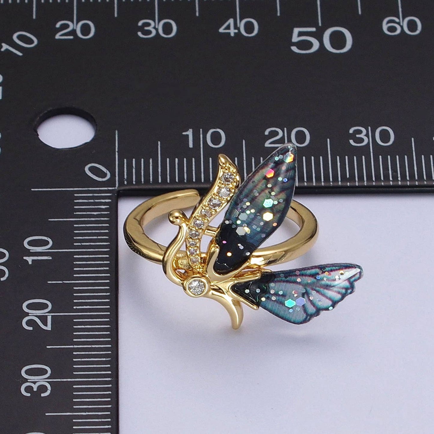 Elegant Micro Pave Fuchsia/Blue Antenna Butterfly Gold Ring