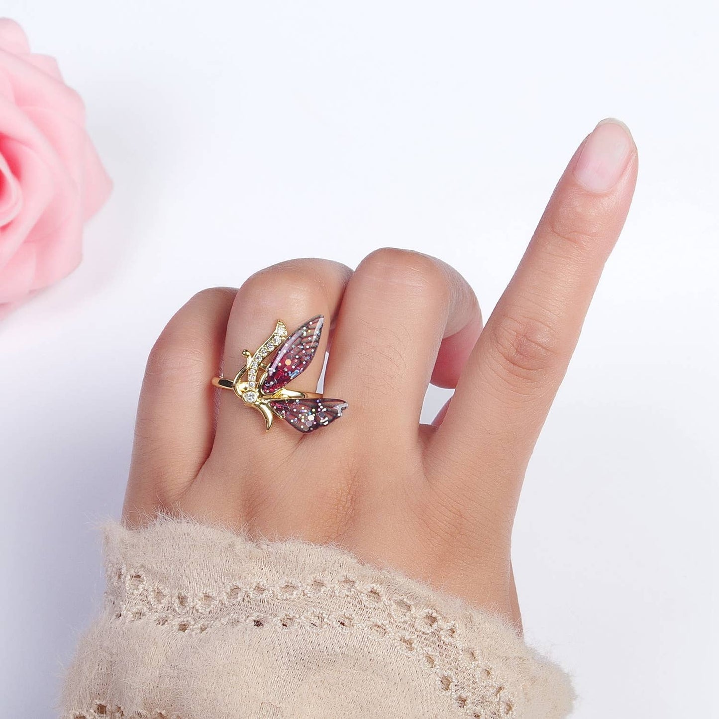 Elegant Micro Pave Fuchsia/Blue Antenna Butterfly Gold Ring