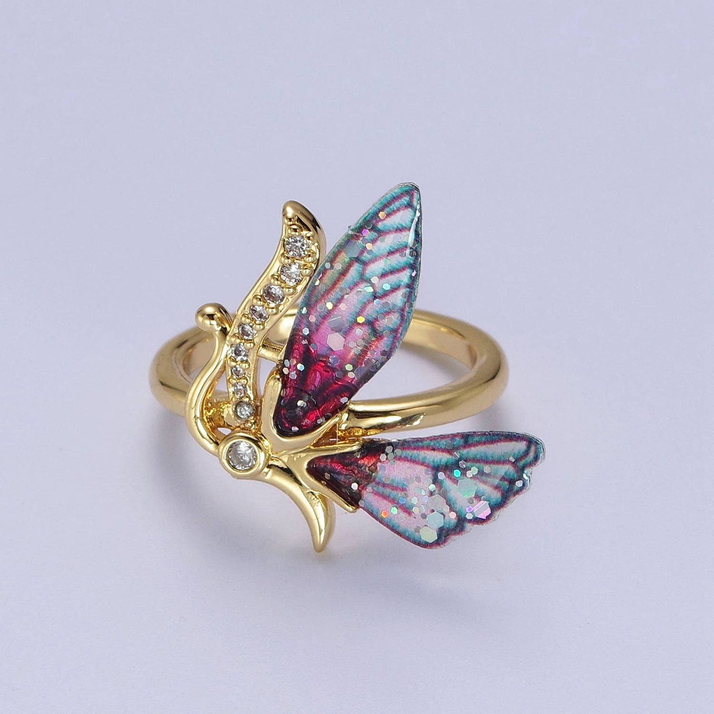 Elegant Micro Pave Fuchsia/Blue Antenna Butterfly Gold Ring