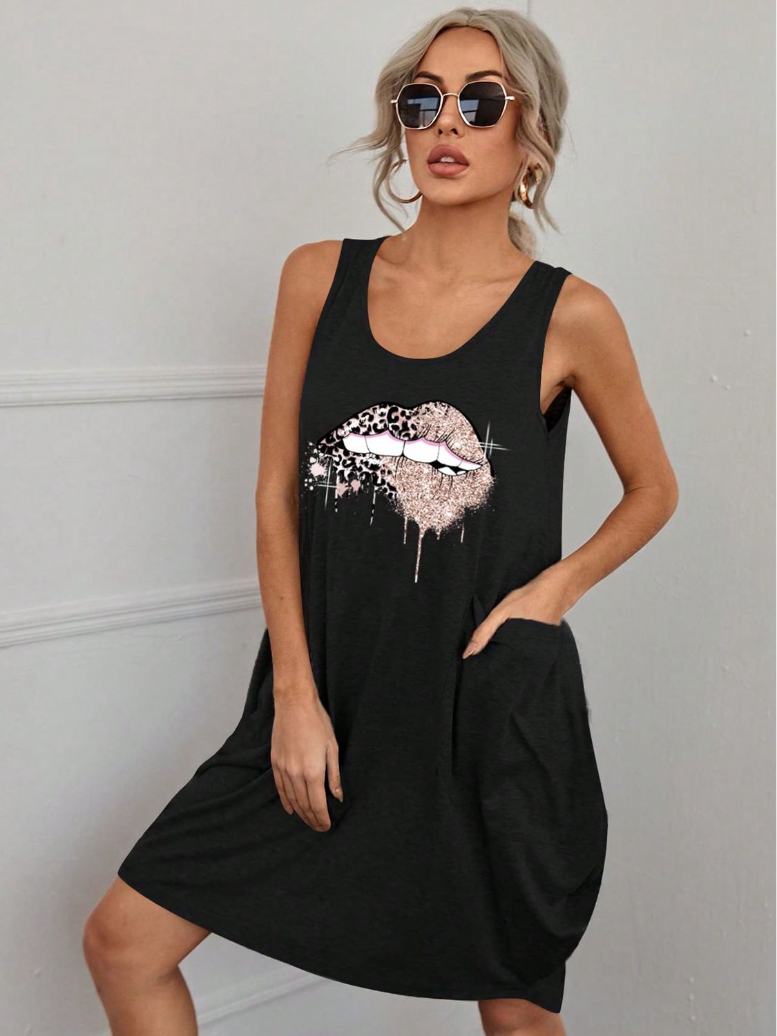 Lip Graphic Sleeveless Dress with Pockets