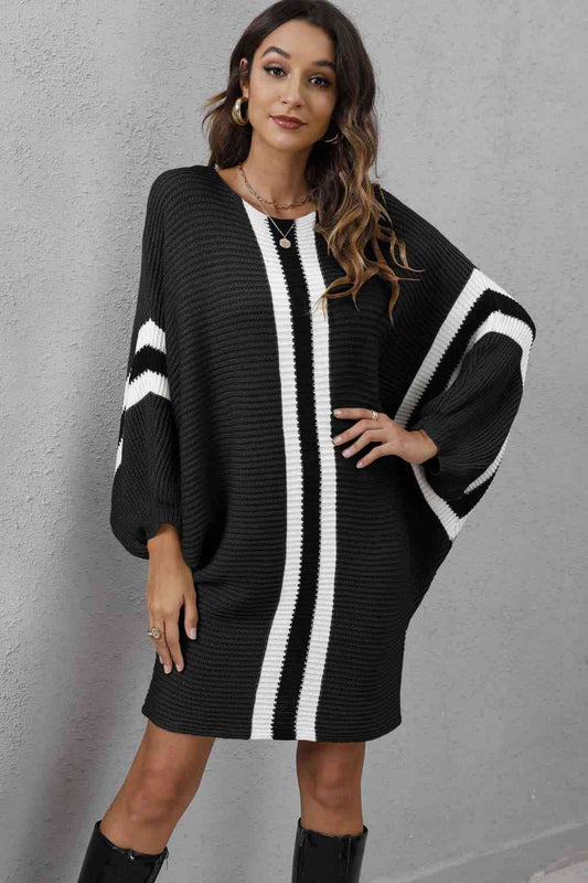 Ribbed Round Neck Long Sleeve Sweater Dress