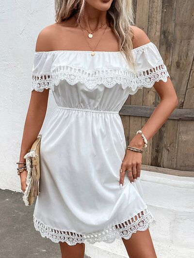 Ruched Lace Detail Off-Shoulder Dress