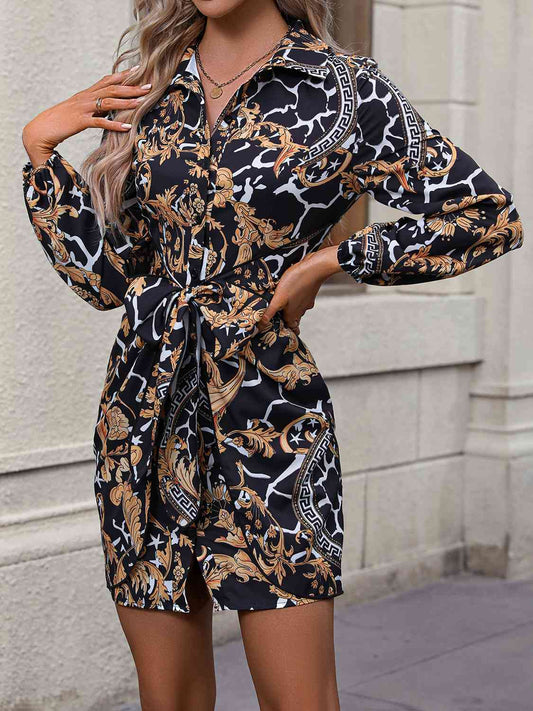 Tie Front Printed Collared Neck Shirt Dress