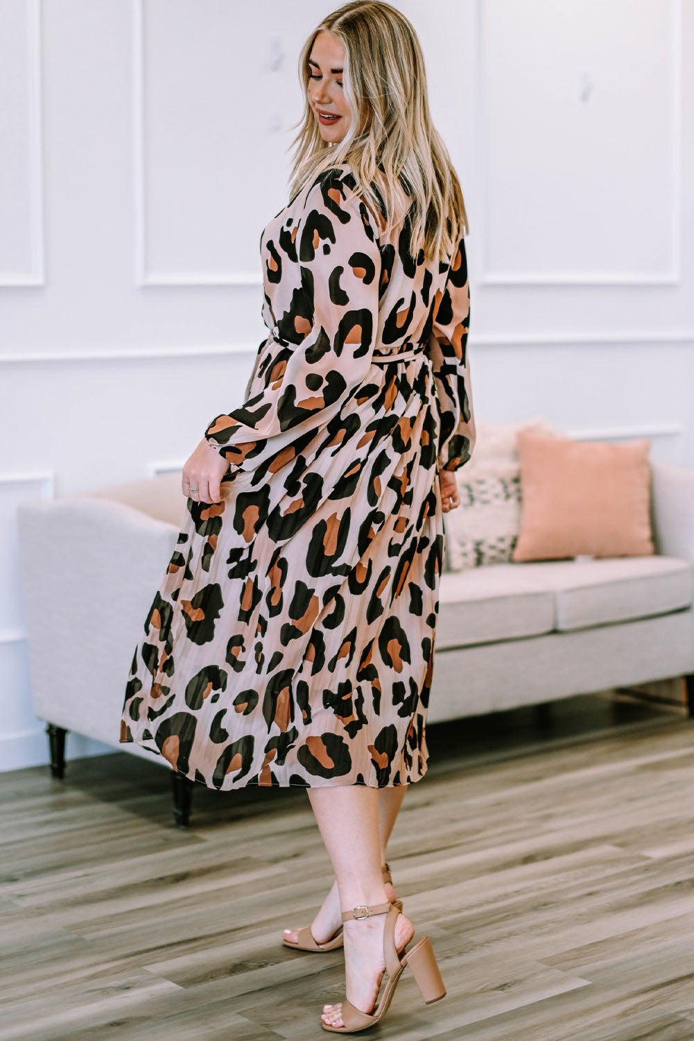 Leopard Print Surplice Neck Long Sleeve Midi Dress