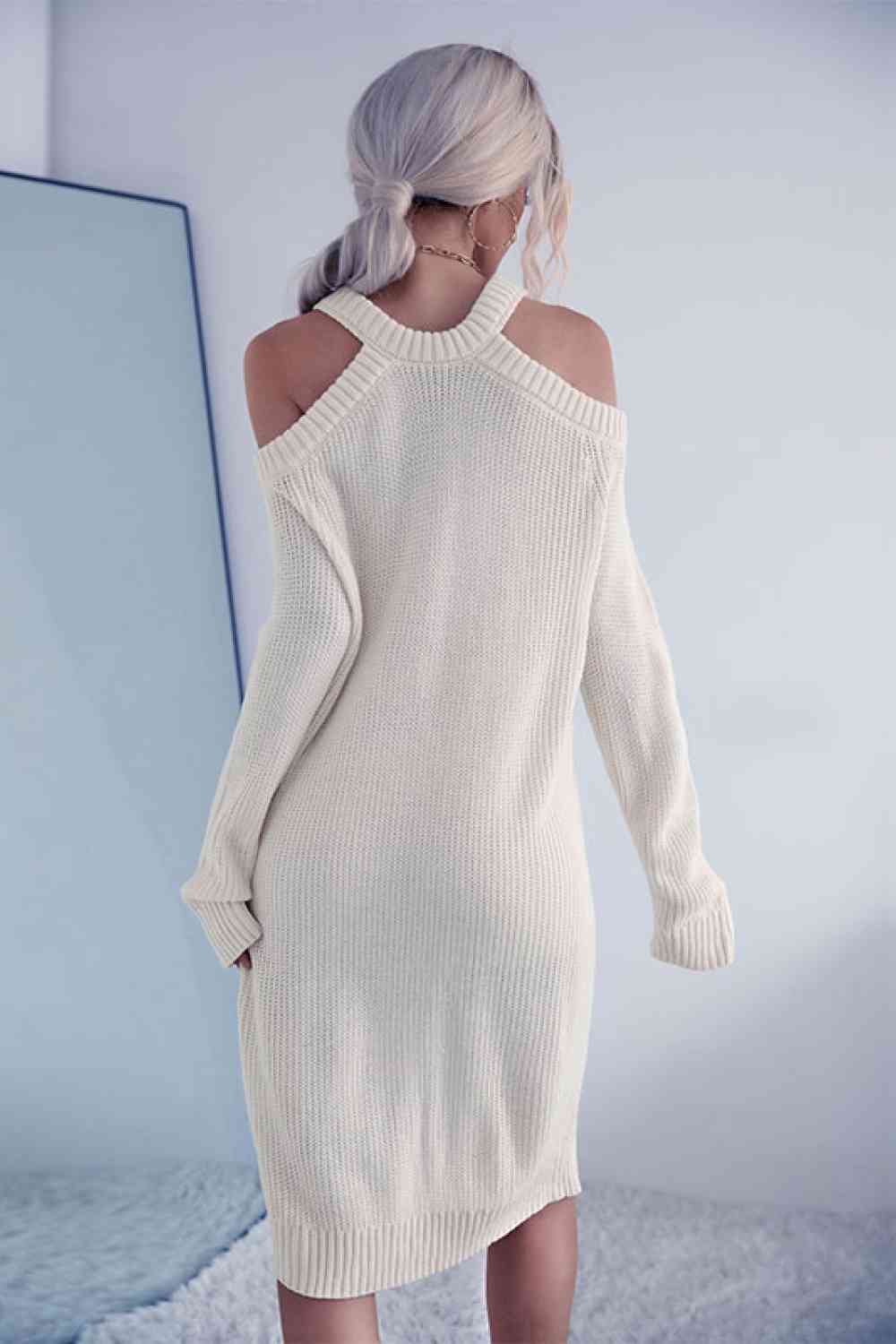 Cold Shoulder Rib-Knit Sweater Dress (Belt Not Included)