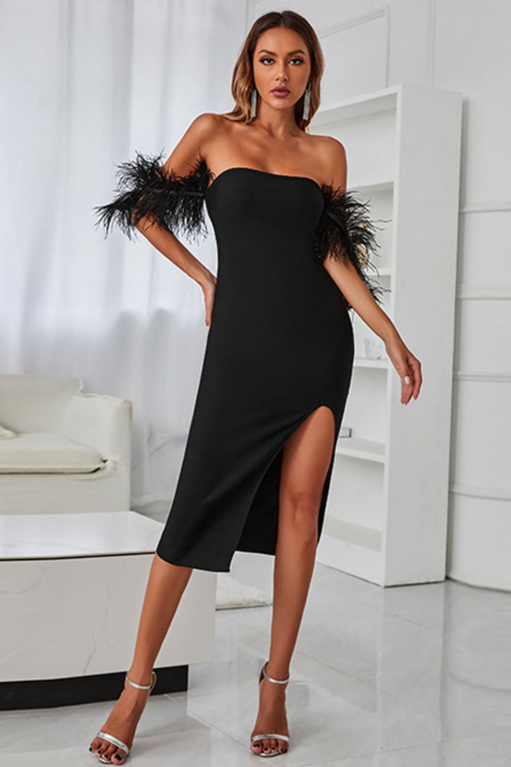 Feather Trim Off-Shoulder Slit Bandage Dress