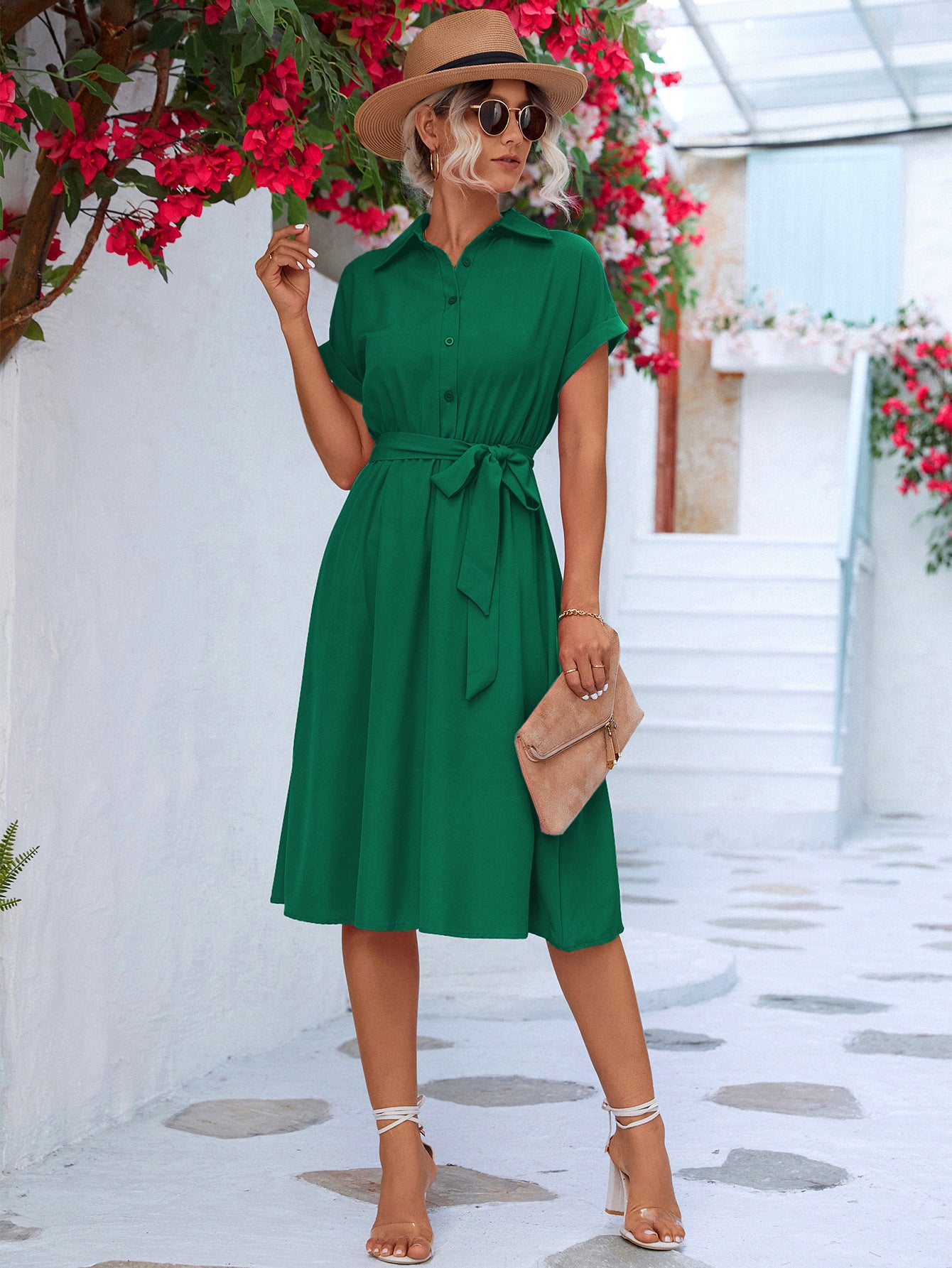 Cuffed Short Sleeve Belted Shirt Dress