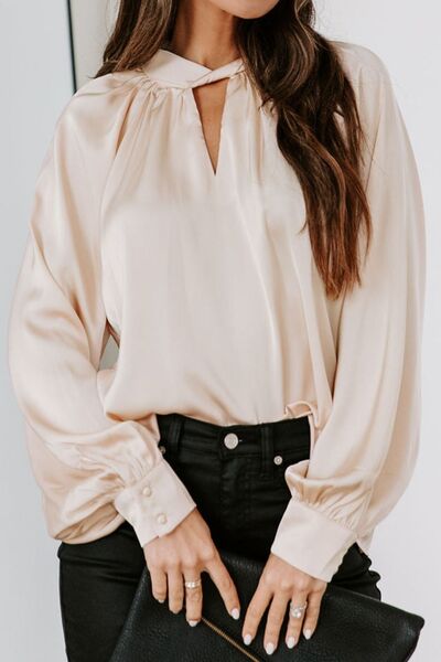 Cutout Mock Neck Long Sleeve Blouse