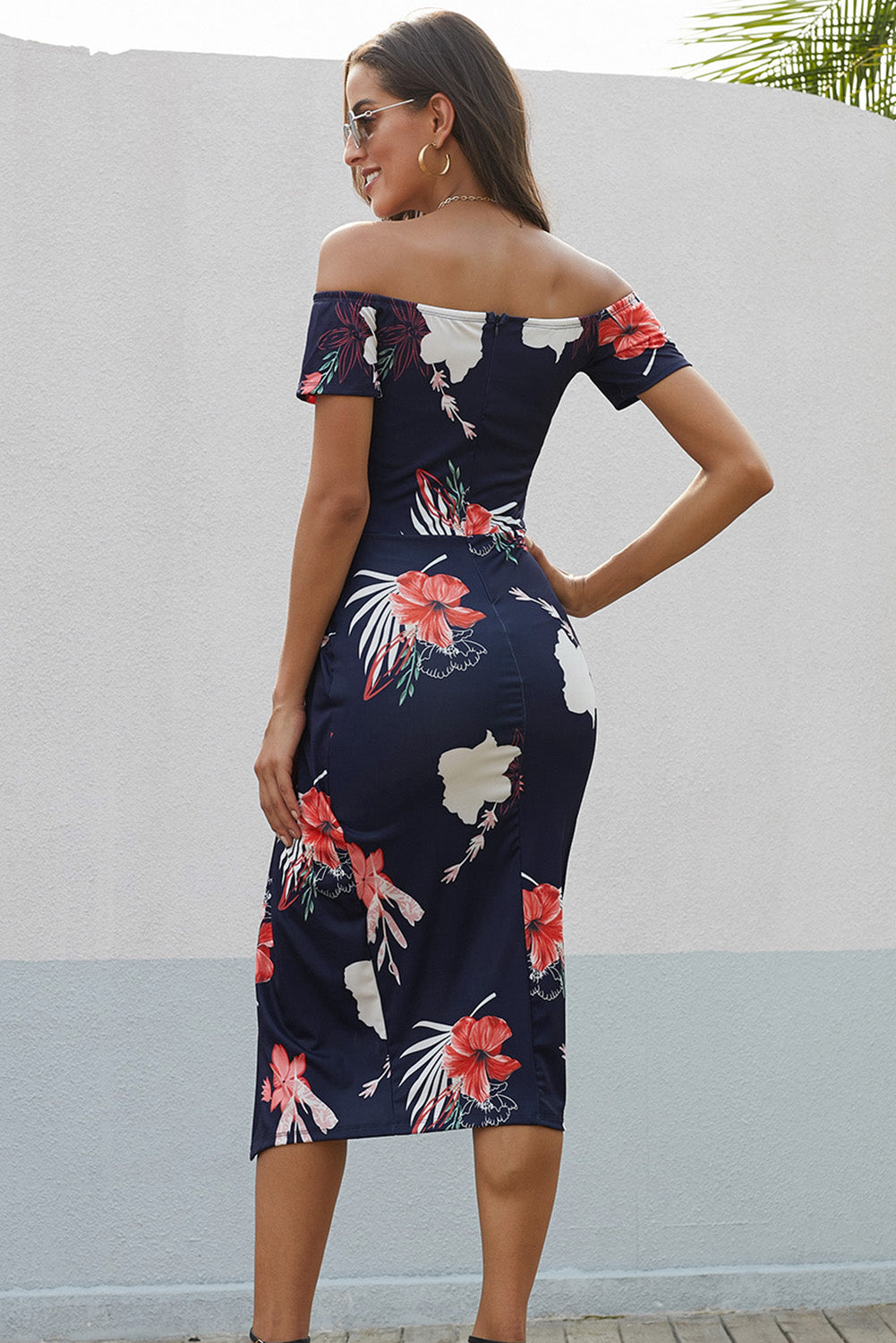 Printed Off-Shoulder Slit Midi Dress