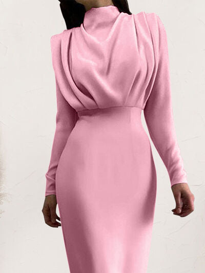 Ruched Turtleneck Long Sleeve Dress